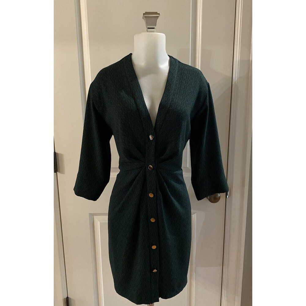 Lenny B. Paris Green 3/4 Sleeves V-Neck Gold Button Dress -‎ Size 2